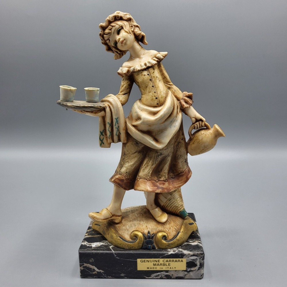 Vintage Italian Figurine Simonelli Serving Girl Woman Tray & Pitcher Marble Base